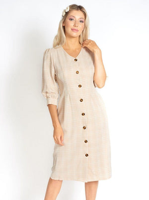 M.USE Women's Dress M / Beige and Cream M.USE Too Cute for Office Modest Plaid Dress