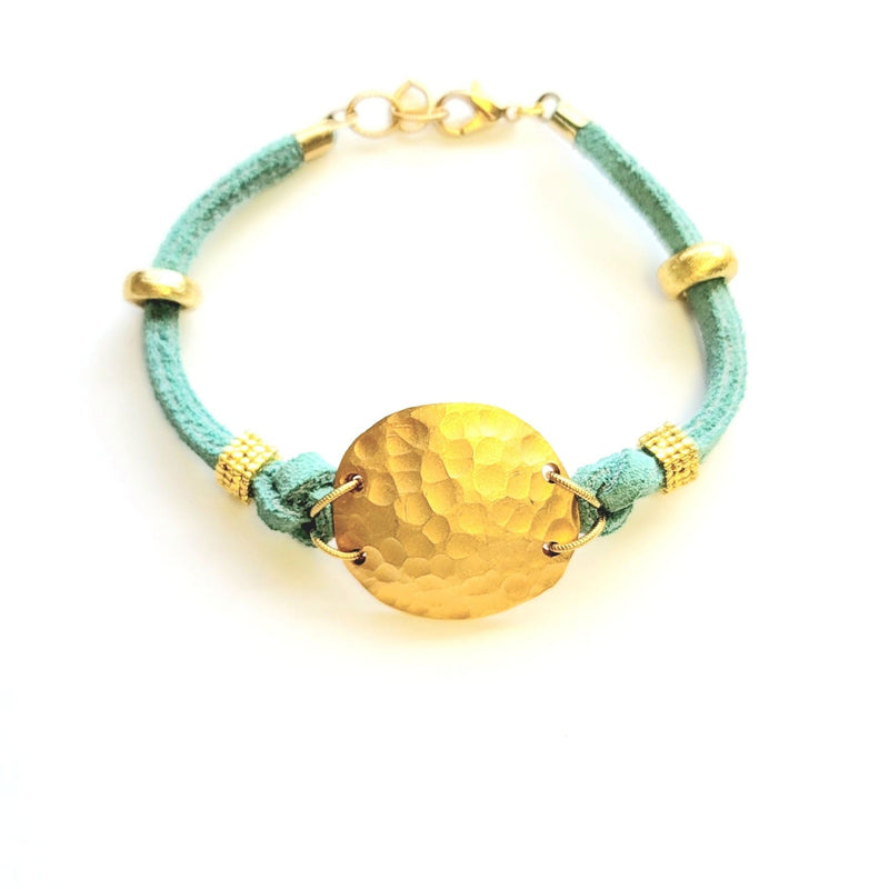MINU Jewels Bracelets Aqua Suede Hammered Gold Plated Disc Bracelet