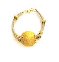 MINU Jewels Bracelets Taupe Suede Hammered Gold Plated Disc Bracelet