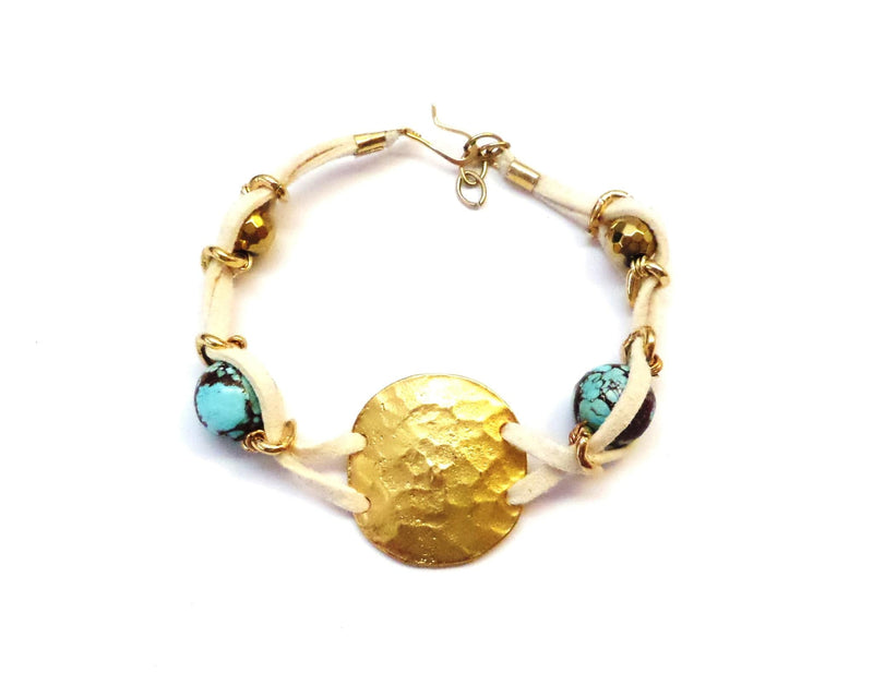 MINU Jewels Bracelets Turquoise Suede Hammered Gold Plated Disc Bracelet