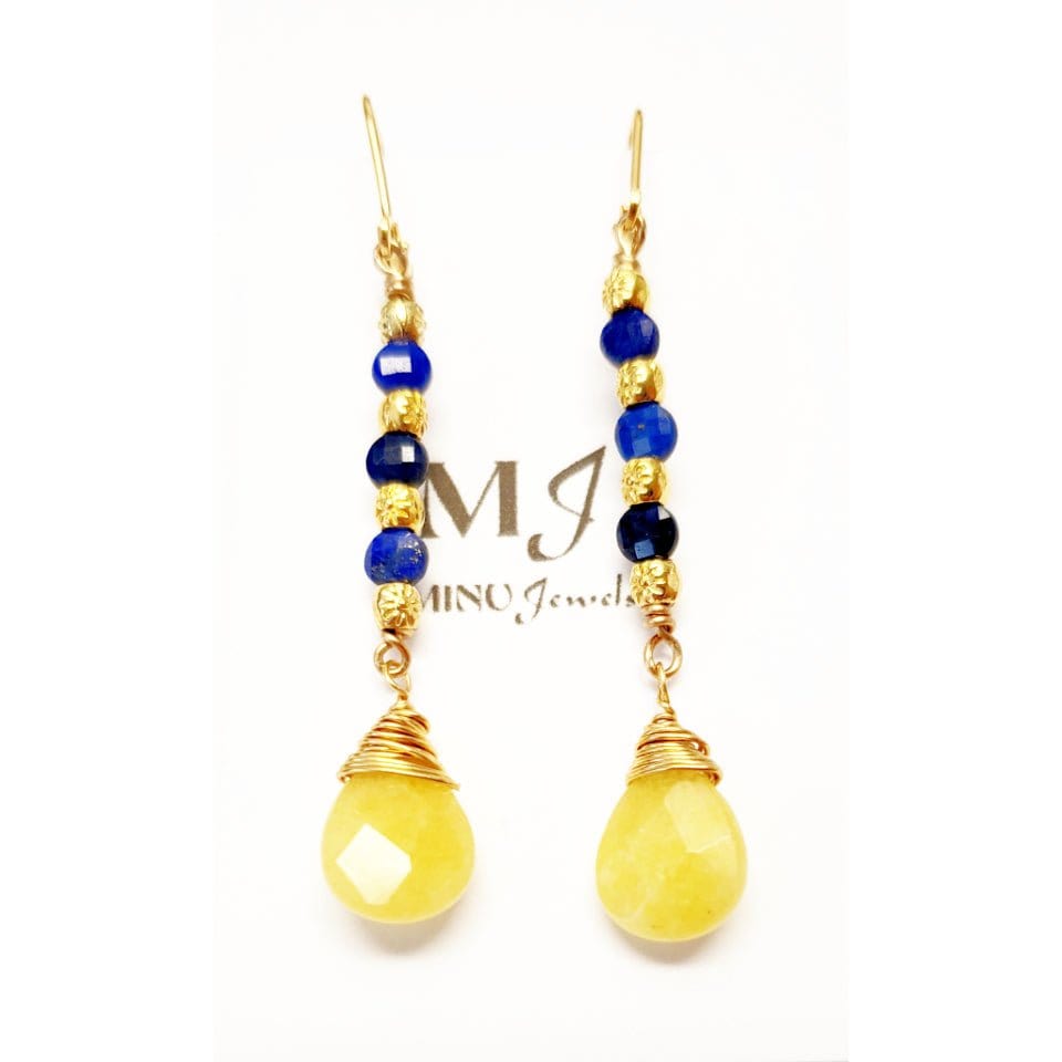MINU Jewels Earrings Blue/Yellow/Gold Lapis & Yellow Jade 2" Drop Earrings