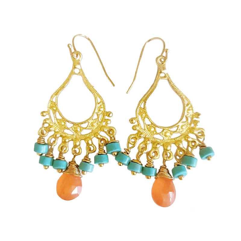 MINU Jewels Earrings Fala Chandeliers in Turquoise & Gold with Moonstone or Carnelian | MINU