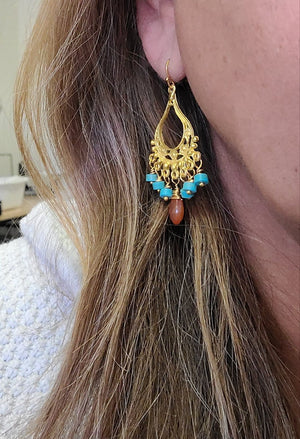 MINU Jewels Earrings Fala Chandeliers in Turquoise & Gold with Moonstone or Carnelian | MINU