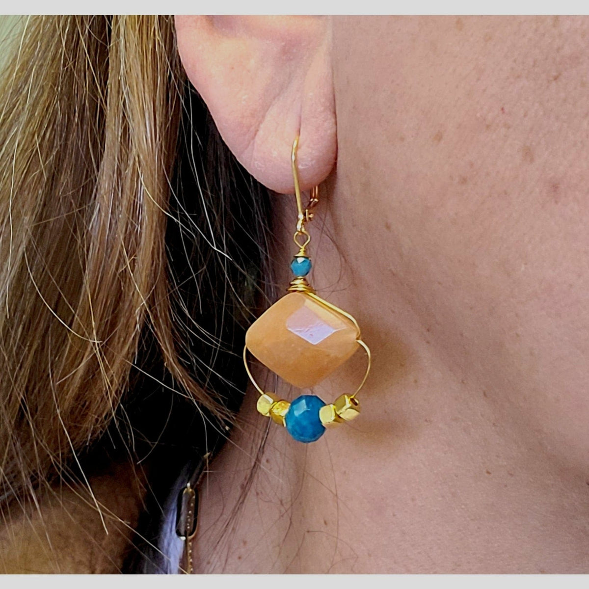 MINU Jewels Earrings Firus 1.5" Gold Plated Earrings in Faceted Peach Aventurine and Apatite | MINU
