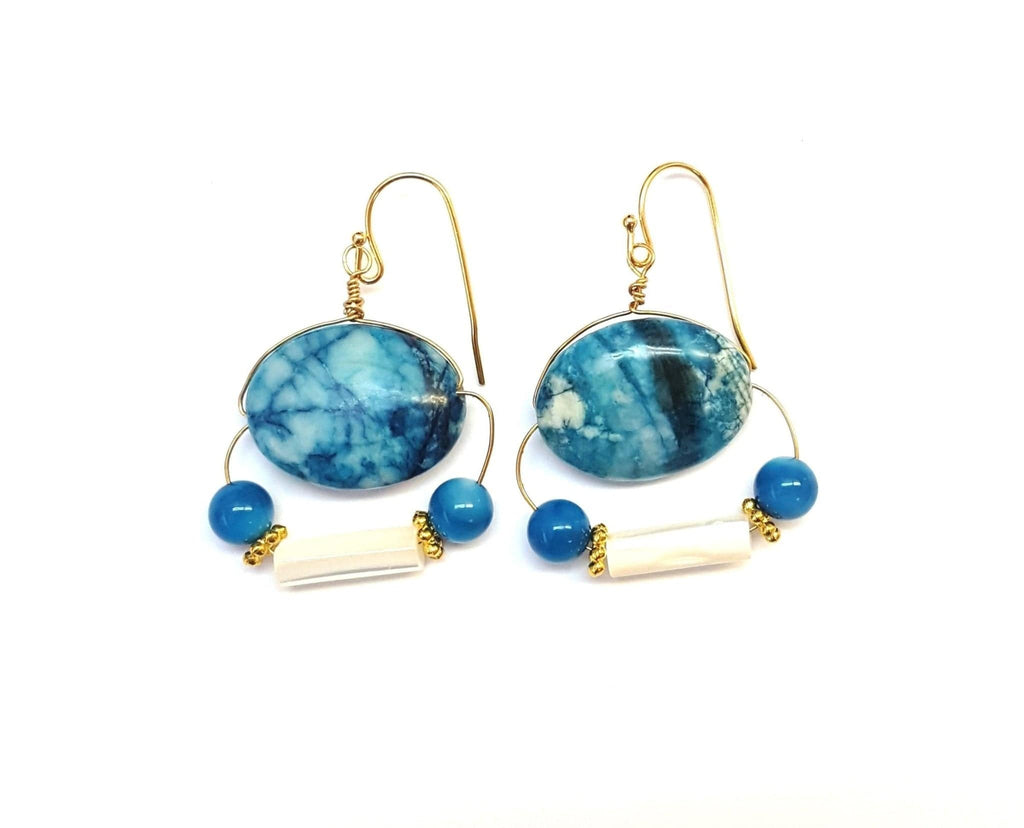 MINU Jewels Earrings gold Athena Deep Blue Lace Agate & Mother Of Pearl Earrings