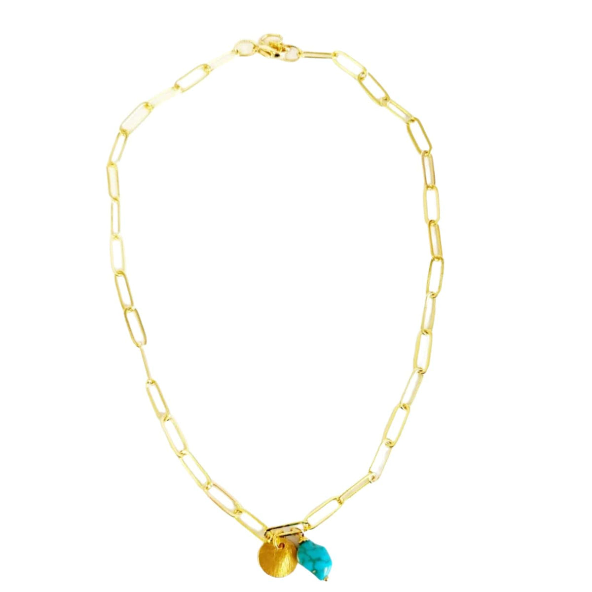 MINU Jewels Necklace With Charms Gold Plated 16" Paper Clip Chain Necklace With or Without Turquoise & Gold Disc Charms | MINU