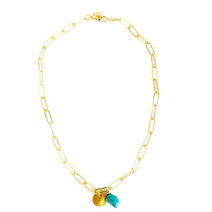MINU Jewels Necklace With Charms Gold Plated 16" Paper Clip Chain Necklace With or Without Turquoise & Gold Disc Charms | MINU