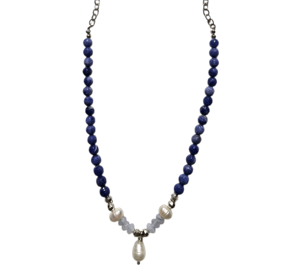 MINU Jewels Necklaces Cabala 16-18" Necklace In Faceted Sodalite, Chalcedony, Pearl, & Silver