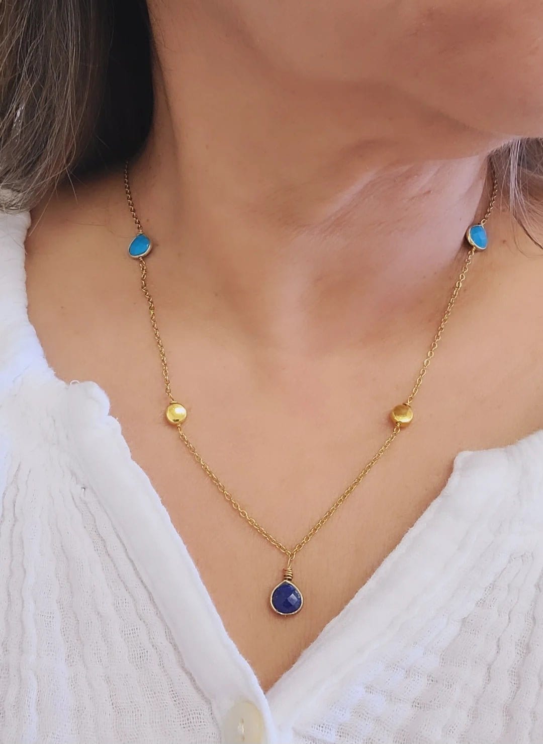 MINU Jewels Necklaces Chavel 16" Chain Necklace with Faceted Turquoise & Lapis Centerpiece