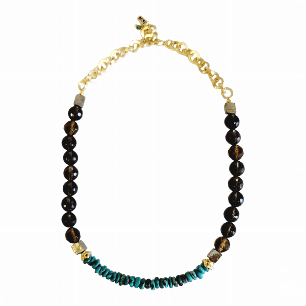 MINU Jewels Necklaces Gold Nuba 16" Necklace in Smoky Quartz, Turquoise & Pyrite