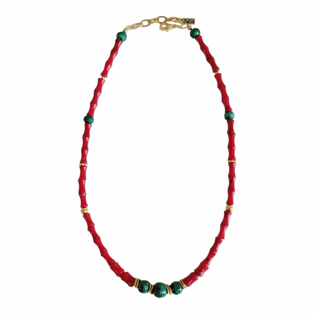 MINU Jewels Necklaces Red Mally Necklace In Deep Red Bamboo Coral With Malachite  & Gold Plated Accents