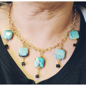 MINU Jewels Necklaces Rossaria 16-18" Adjustable Turquoise Necklace With Black Onyx & Gold Accents