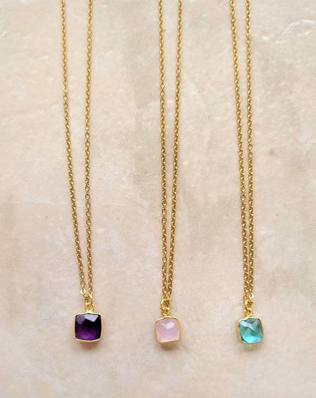 MINU Jewels Necklaces Square Gemstone Necklace in Amethyst, Blue Topaz, or Pink Chalcedony