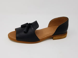 N.Y.L.A. SHOES FLATS 6 / Black Lea N.Y.L.A. Shoes Westlake Women's Open Toe Tassel Loafer in Black or Cognac