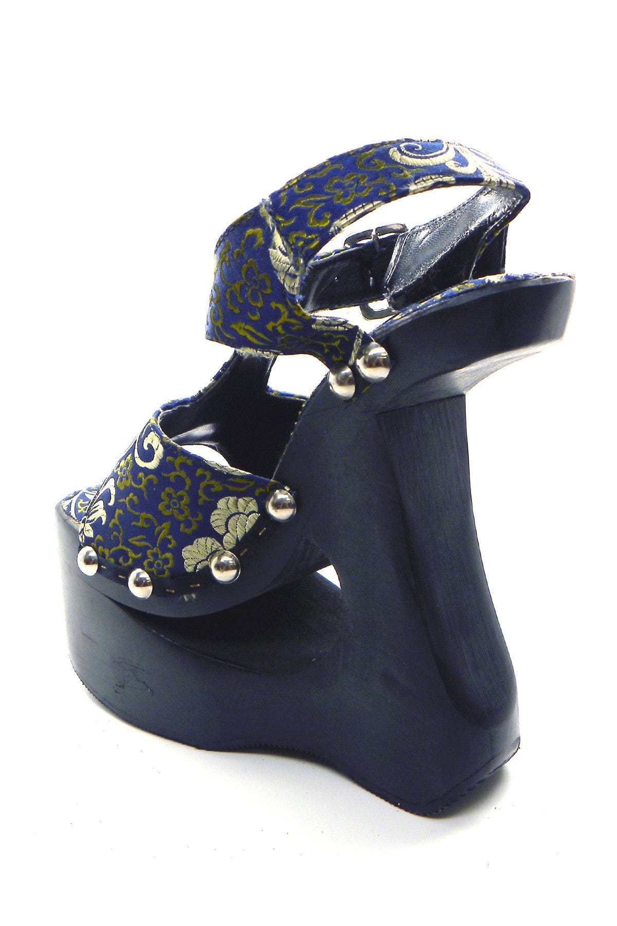N.Y.L.A. SHOES HEELS N.Y.L.A. Shoes Mikio Women's 6" Black Wood Platform Sandals in Blue Brocade