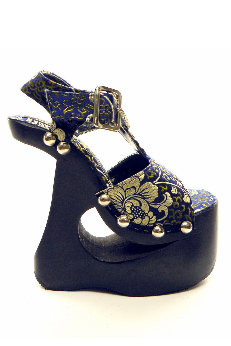 N.Y.L.A. SHOES HEELS N.Y.L.A. Shoes Mikio Women's 6" Black Wood Platform Sandals in Blue Brocade