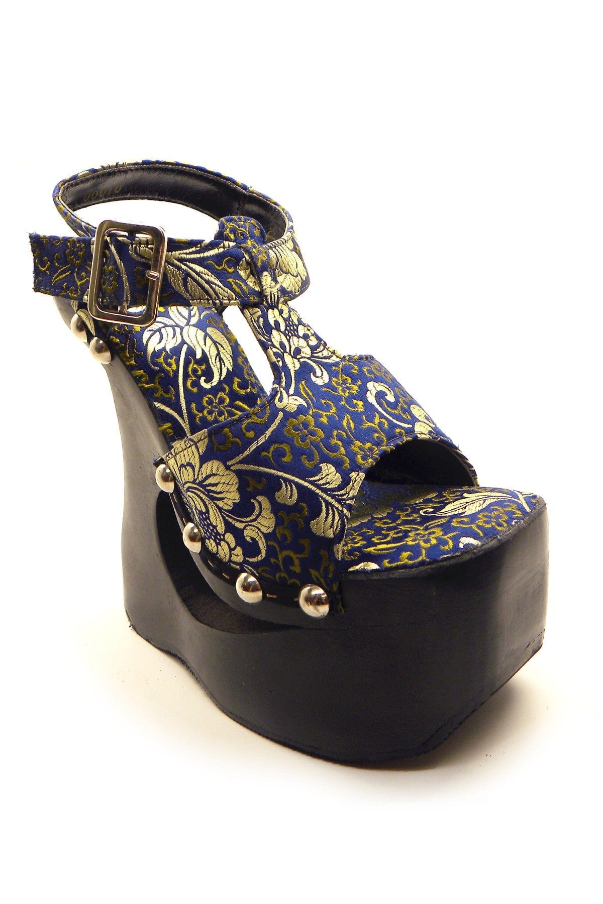 N.Y.L.A. SHOES HEELS N.Y.L.A. Shoes Mikio Women's 6" Black Wood Platform Sandals in Blue Brocade