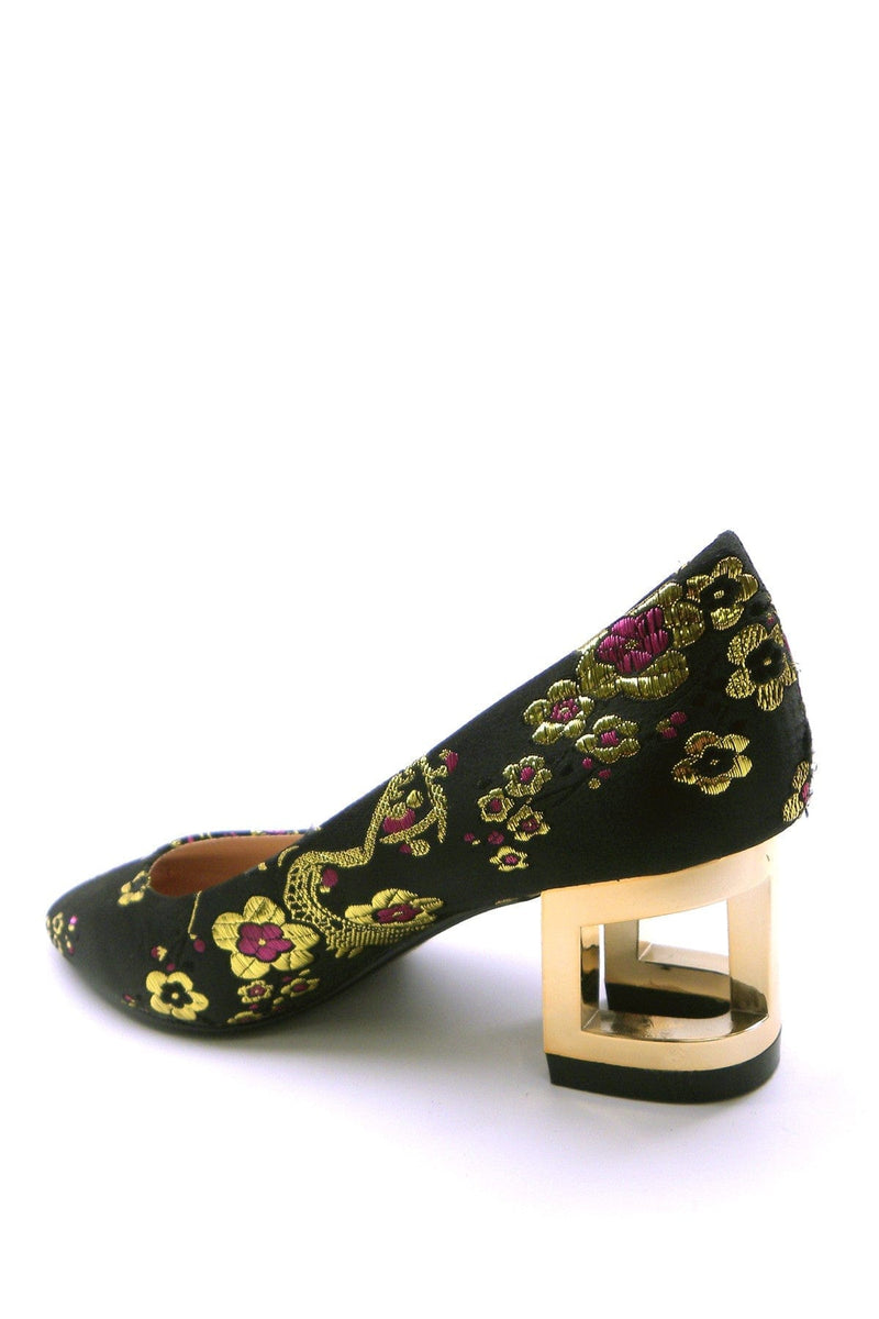 N.Y.L.A. SHOES HEELS N.Y.L.A. Shoes Women's Low Geometal Heels with Embroidered Black Brocade Upper