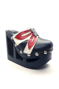 N.Y.L.A. SHOES PLATFORM N.Y.L.A. Shoes Delly Women's Black Wood Platform Clogs with Red & White Leather Upper