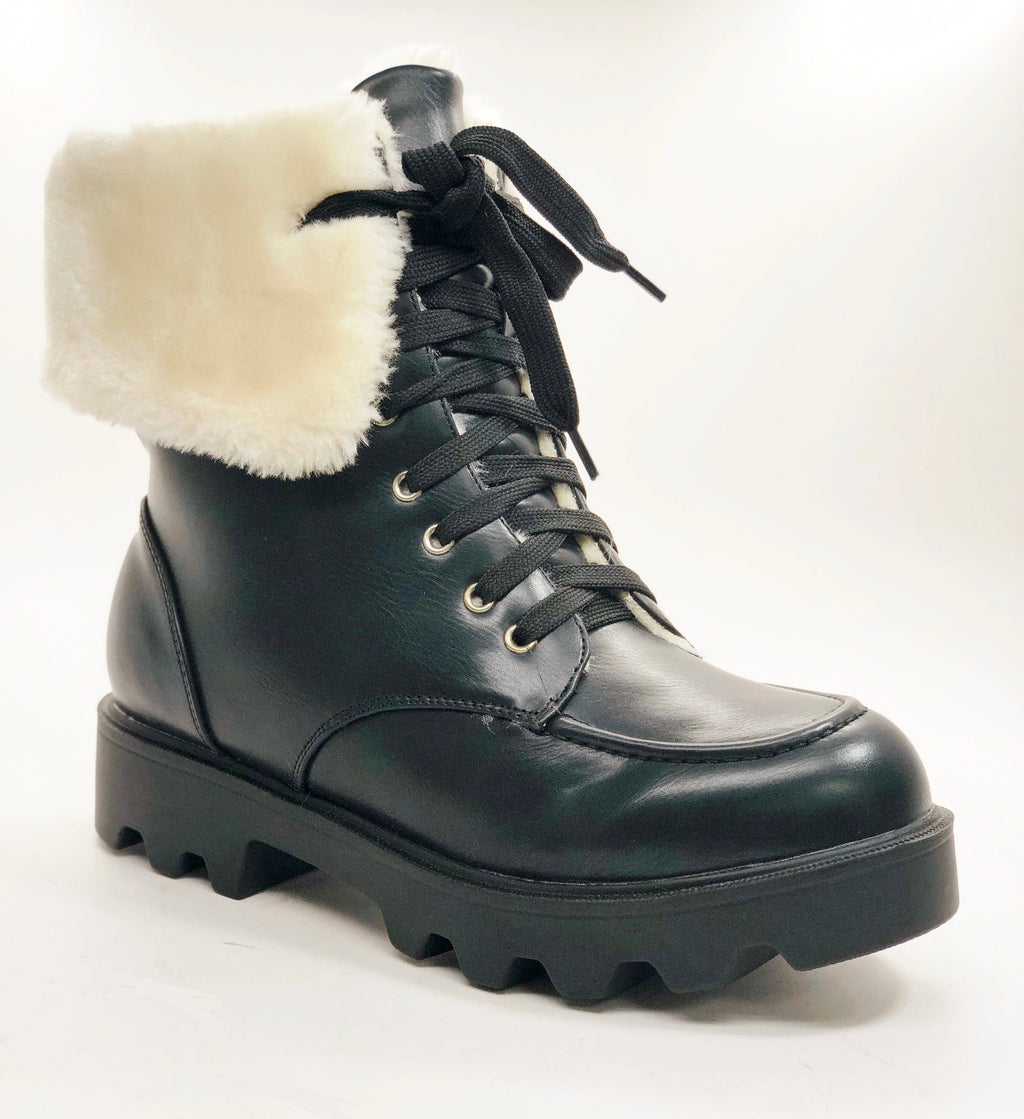 N.Y.L.A. SHOES Women's Boots 10 / BLACK N.Y.L.A. Shoes Wully Lace Up Combat Boots with Faux Fur Collar in Black