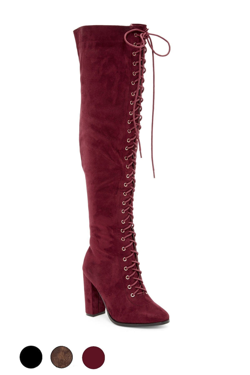 N.Y.L.A. SHOES Women's Boots N.Y.L.A. Shoes Olygmacy Lace Up Vegan Suede High Boots with 4" Heel & Inside Size Zip in Black or Burgundy