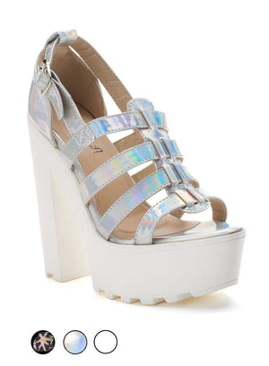 N.Y.L.A. SHOES Women's Espadrille 10 / SIL-HOLO N.Y.L.A. Shoes Stella Women's Holographic 5.5" Platform Shoes in Silver, Black, White, or Black Floral