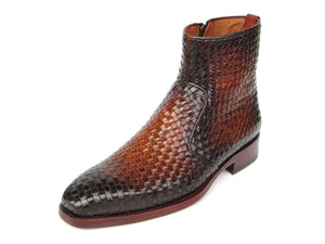 PAUL PARKMAN Shoes Paul Parkman Brown Burnished Woven Leather Zipper Boots (ID#BT269BRW)