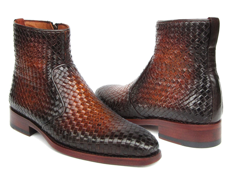 PAUL PARKMAN Shoes Paul Parkman Brown Burnished Woven Leather Zipper Boots (ID#BT269BRW)