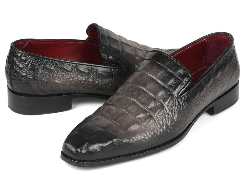 PAUL PARKMAN Shoes Paul Parkman Gray Crocodile Embossed Calfskin Loafers (ID#5576-GRY)