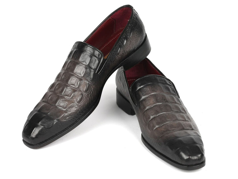 PAUL PARKMAN Shoes Paul Parkman Gray Crocodile Embossed Calfskin Loafers (ID#5576-GRY)