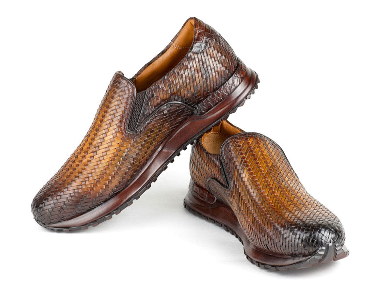 PAUL PARKMAN Shoes Paul Parkman Men's Brown Woven Leather Slip-On Sneakers (ID#LW204BRW)