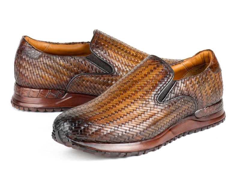 PAUL PARKMAN Shoes Paul Parkman Men's Brown Woven Leather Slip-On Sneakers (ID#LW204BRW)