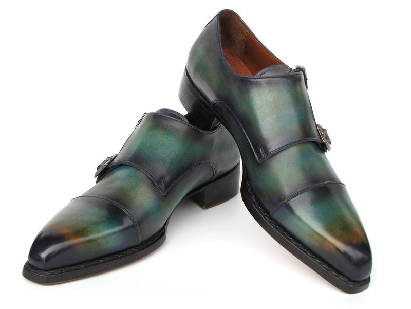 PAUL PARKMAN Shoes Paul Parkman Men's Cap Toe Double Monkstrap Shoes Green & Blue Patina (ID#2598-5BG)