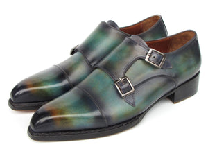 PAUL PARKMAN Shoes Paul Parkman Men's Cap Toe Double Monkstrap Shoes Green & Blue Patina (ID#2598-5BG)