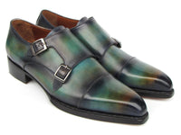 PAUL PARKMAN Shoes Paul Parkman Men's Cap Toe Double Monkstrap Shoes Green & Blue Patina (ID#2598-5BG)