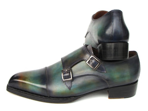 PAUL PARKMAN Shoes Paul Parkman Men's Cap Toe Double Monkstrap Shoes Green & Blue Patina (ID#2598-5BG)