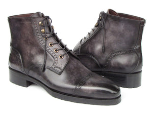 PAUL PARKMAN Shoes Paul Parkman Men's Gray & Black Hand-Painted Cap Toe Boots (ID#BT9566-GRY)