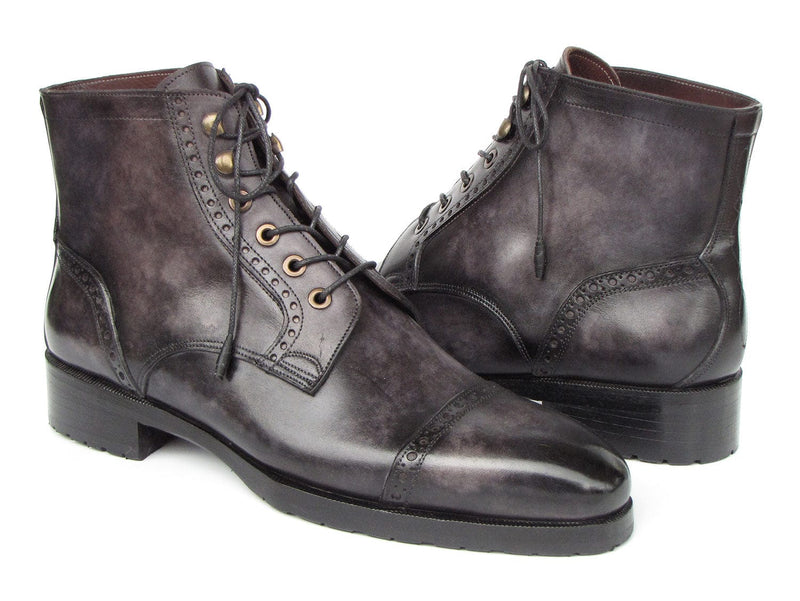 PAUL PARKMAN Shoes Paul Parkman Men's Gray & Black Hand-Painted Cap Toe Boots (ID#BT9566-GRY)