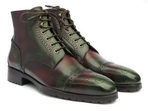 PAUL PARKMAN Shoes Paul Parkman Men's Green & Brown Hand-Painted Cap Toe Boots (ID#BT9566-BRG)