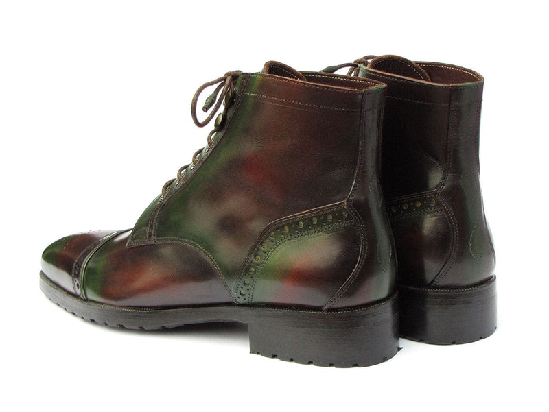 PAUL PARKMAN Shoes Paul Parkman Men's Green & Brown Hand-Painted Cap Toe Boots (ID#BT9566-BRG)