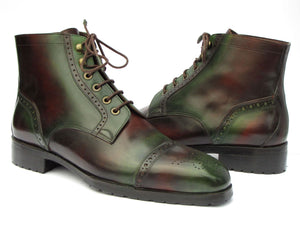 PAUL PARKMAN Shoes Paul Parkman Men's Green & Brown Hand-Painted Cap Toe Boots (ID#BT9566-BRG)