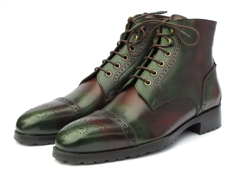 PAUL PARKMAN Shoes Paul Parkman Men's Green & Brown Hand-Painted Cap Toe Boots (ID#BT9566-BRG)