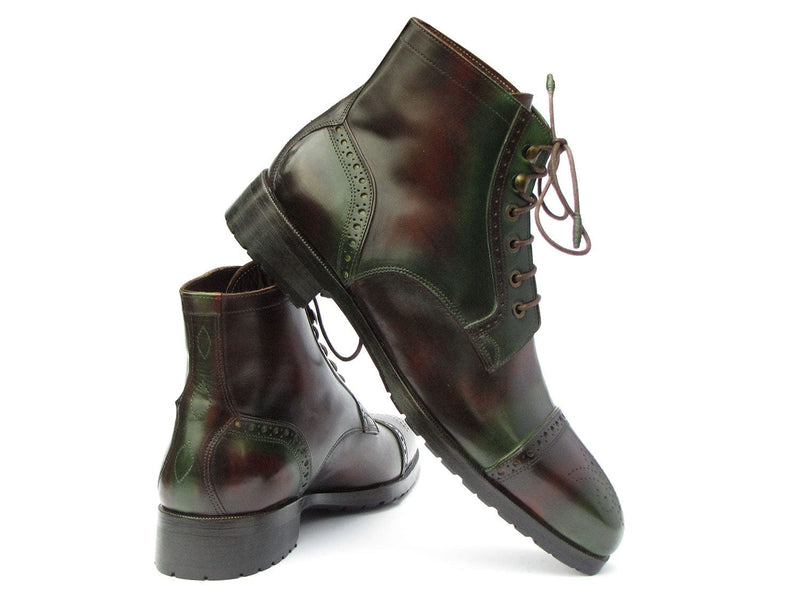 PAUL PARKMAN Shoes Paul Parkman Men's Green & Brown Hand-Painted Cap Toe Boots (ID#BT9566-BRG)