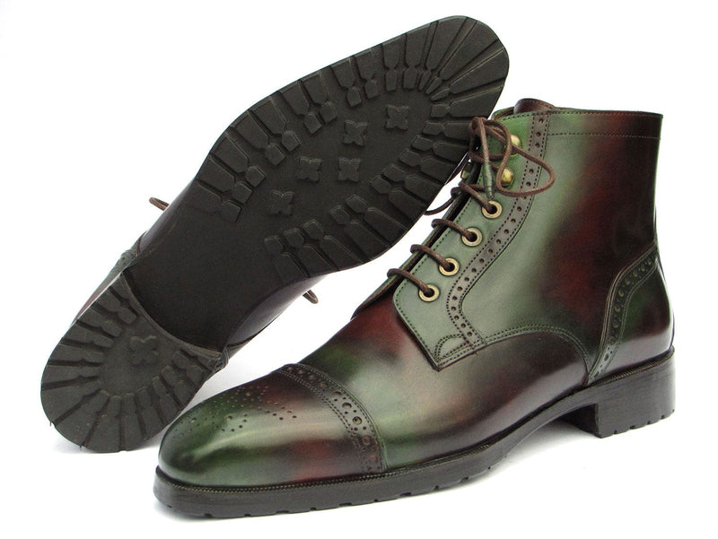 PAUL PARKMAN Shoes Paul Parkman Men's Green & Brown Hand-Painted Cap Toe Boots (ID#BT9566-BRG)