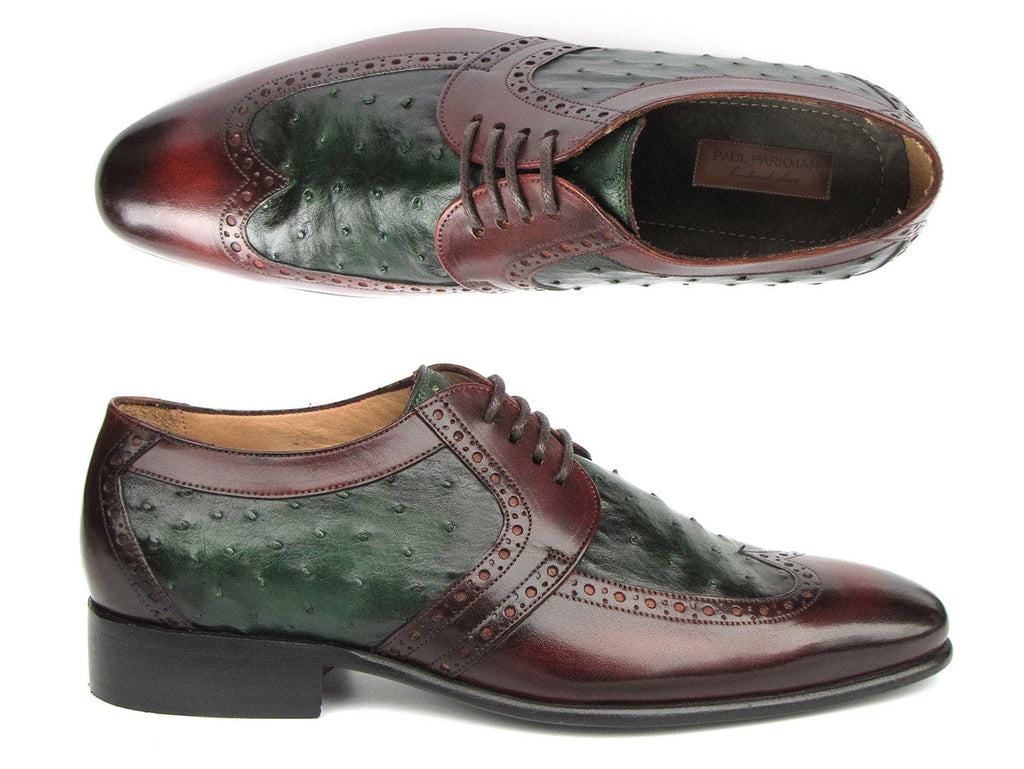 PAUL PARKMAN Shoes Paul Parkman Men's Green Ostrich & Brown Leather Derby Shoes (ID#956GB57)