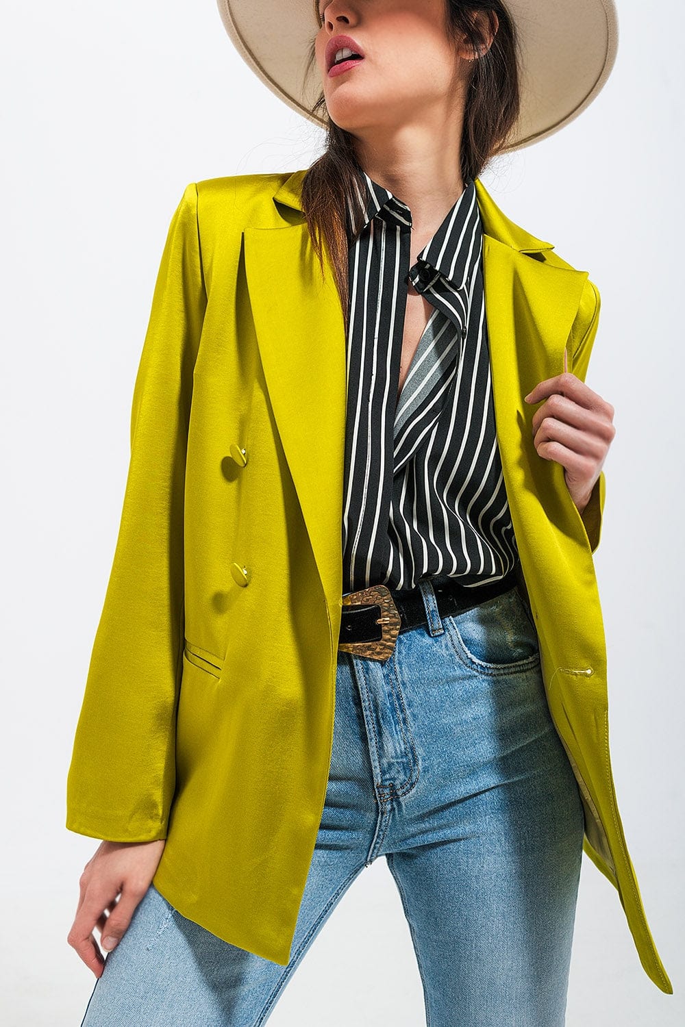 Q2 $100-$150, Blazer, Business Comfort, Double Breasted, Lime Green, Oversize, Satin, Spain, Sunny & Warm, Versatile, Video Call Approved Style, Women, Women’s Apparel, Workleisure Double Breasted Satin Blazer in Lime Green