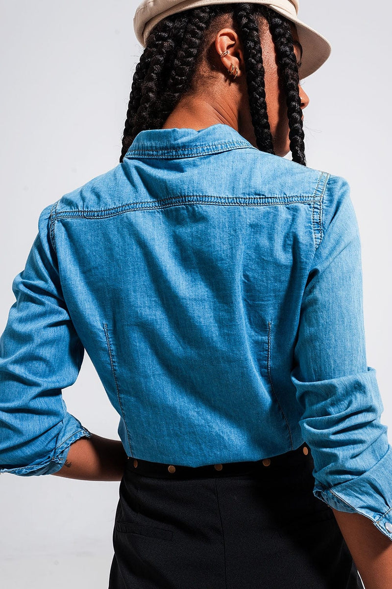Q2 $50-$75, Bodycon, Denim, Mid Blue, Shirt, Spain, Sunny & Warm, Women, Women’s Apparel Denim Shirt in Mid Blue