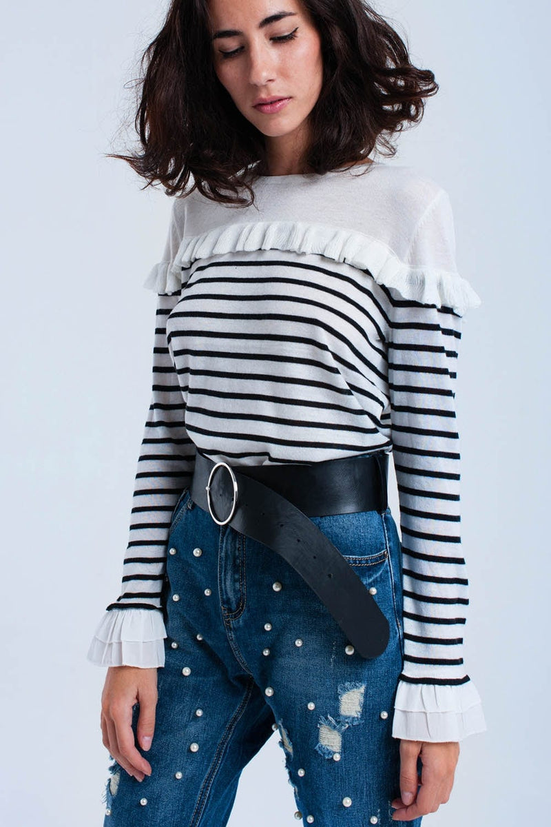 Q2 Black striped sweater with ruffles