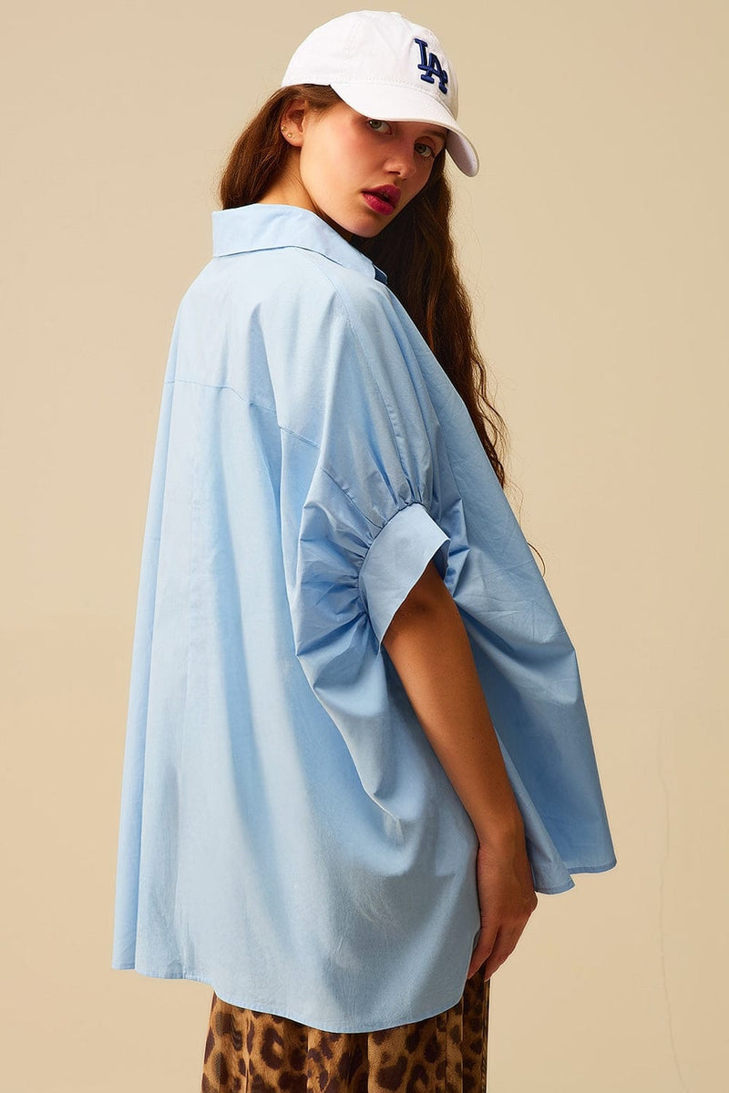 Q2 Blouses Baby Blue Oversized Blouse With Short Sleeve