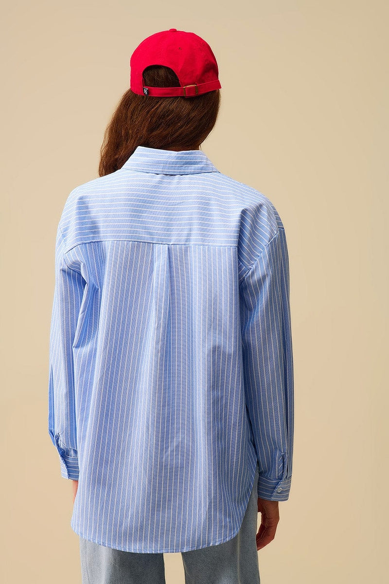 Q2 Blouses Blue Striped Shirt With Red Heart Embroidery